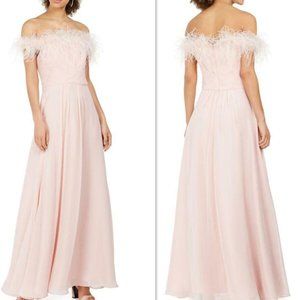 Eliza J Blush Pink Off-the-Shoulder Feather Trim Wedding Dress